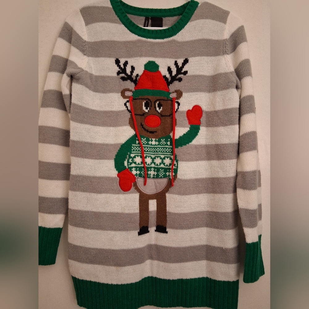 New Directions Gray and Green Reindeer Sweater